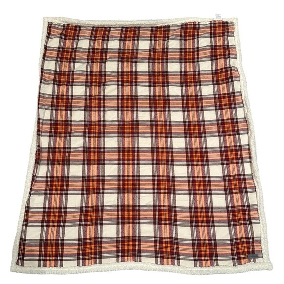 Eddie Bauer Plaid Sherpa Throw Blanket 50" X 60" Tan & Orange Cozy Reversible So - Picture 4 of 14